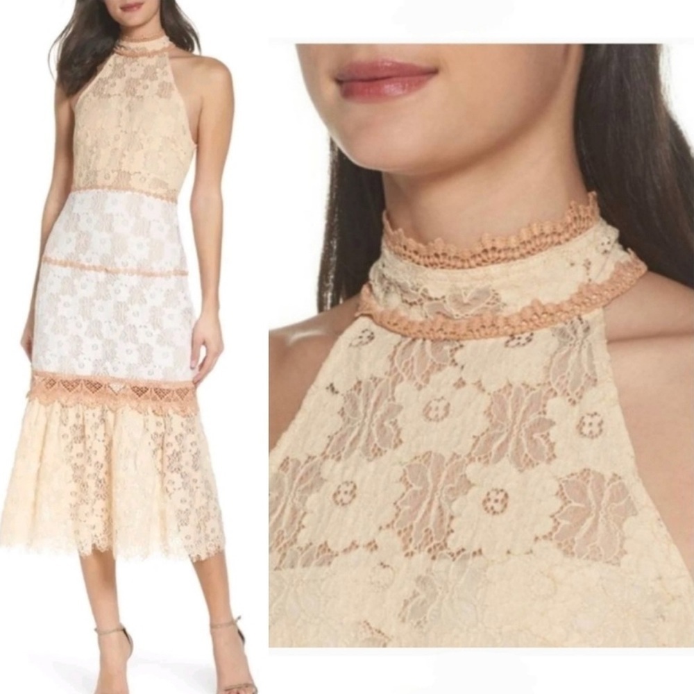 foxiedox Lace Halter Midi Dress in Cream and White